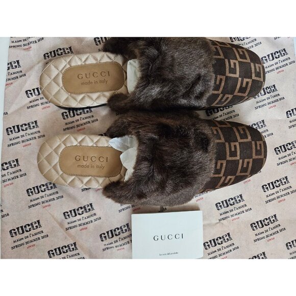 NEW GUCCI Men\'s Square G Fur Slippers Brown GG Monogram Slides Size 8 Italy main image 5